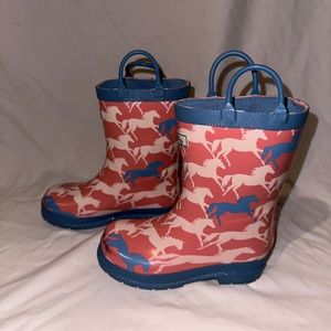Girls Hatley Horse rain boots. Size 12. Pink and Blue